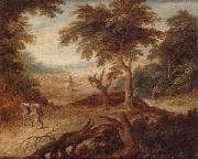 A wooded landscape with travellers and a horseman on a track unknow artist